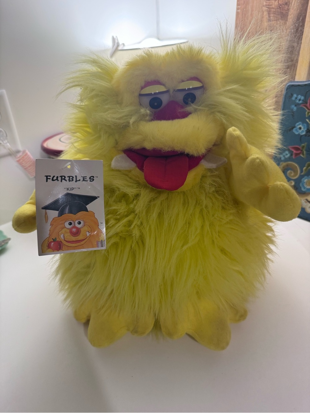 Vintage Yangjee RAZ Furbles Yellow Plush Monster Hand Puppet 1980's Stuffed